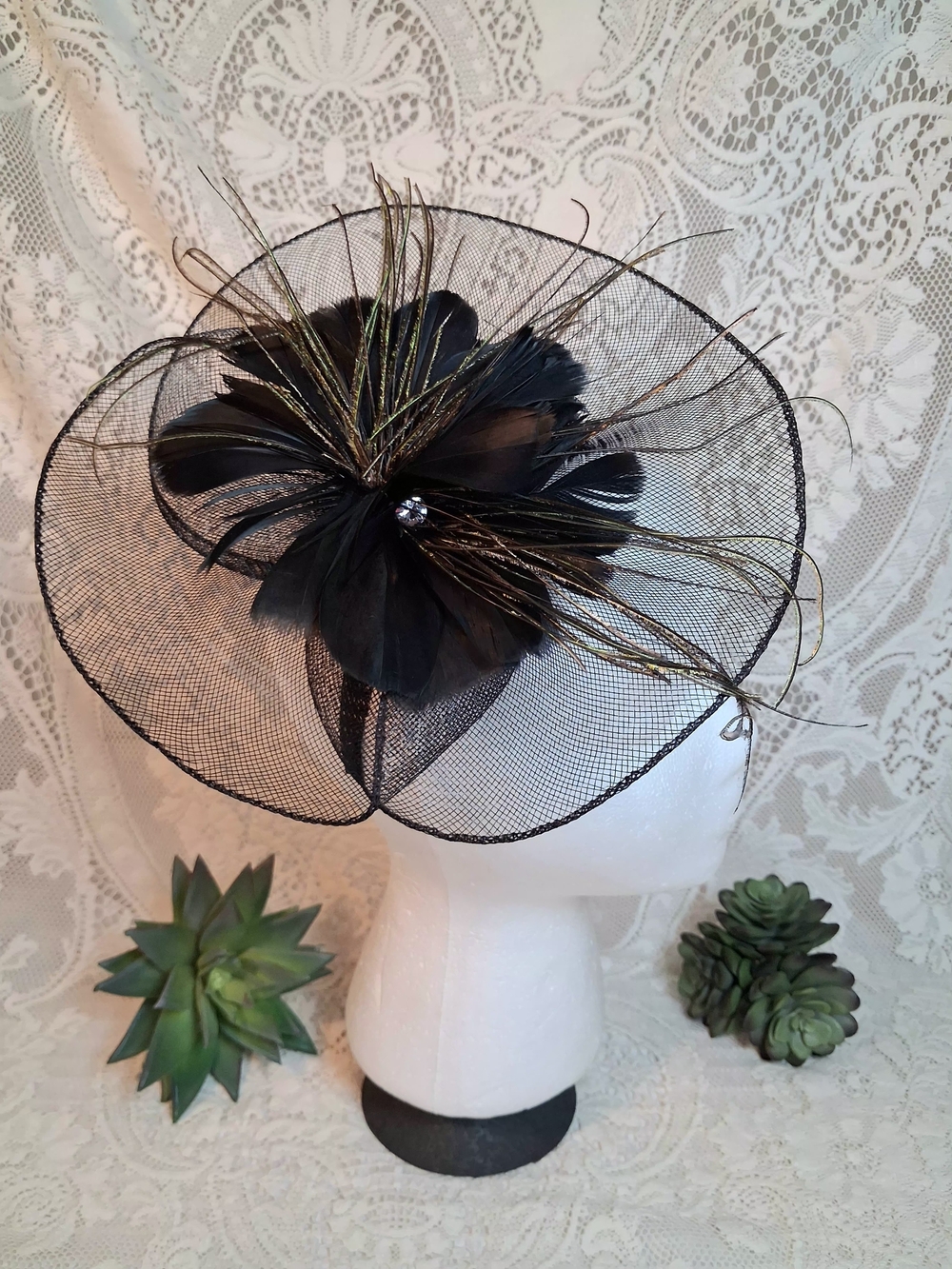 Black Feathered Mesh Fascinator with Green Irredesent Wisps Headband Or Clasp